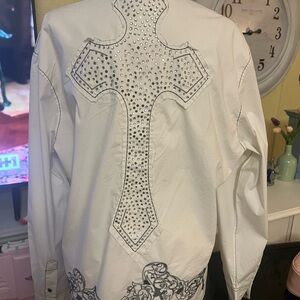 Men's White Embellished Cross Button Down Shirt Toku